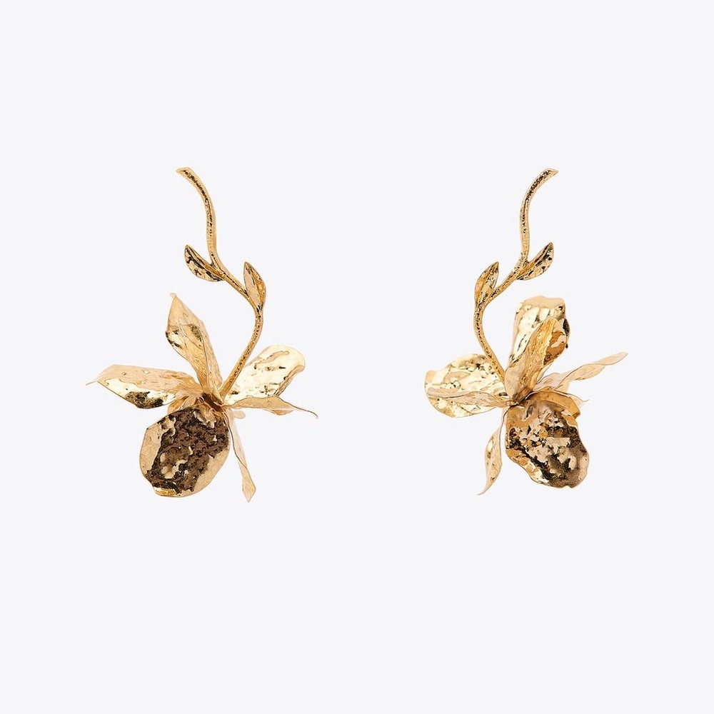 Zara Gold Textured Flower & Stem Earrings NWT - Picture 6 of 9